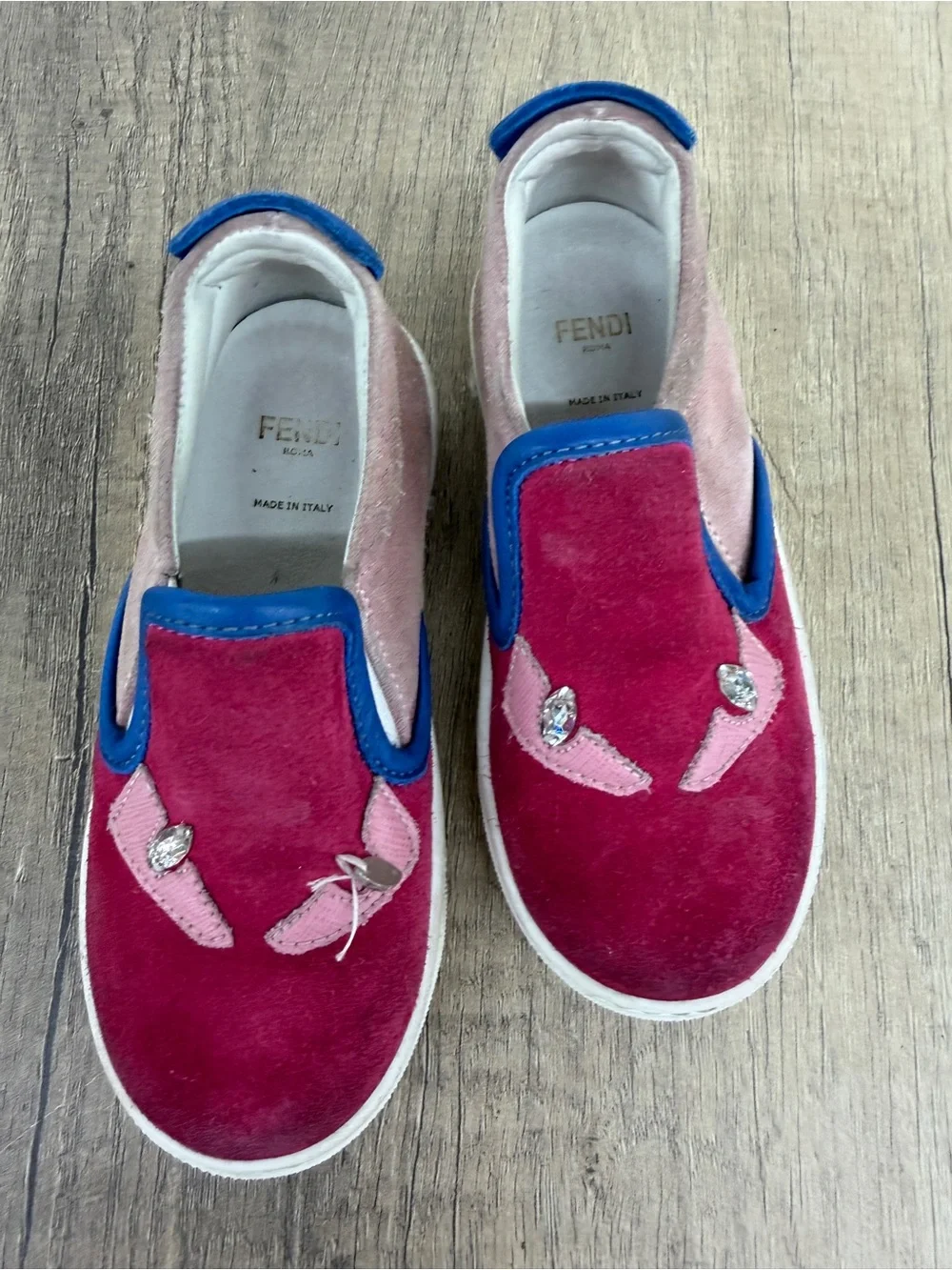 Fendi Kids Magenta & Light Pink Suede Slip-On Sneakers with Blue Trim